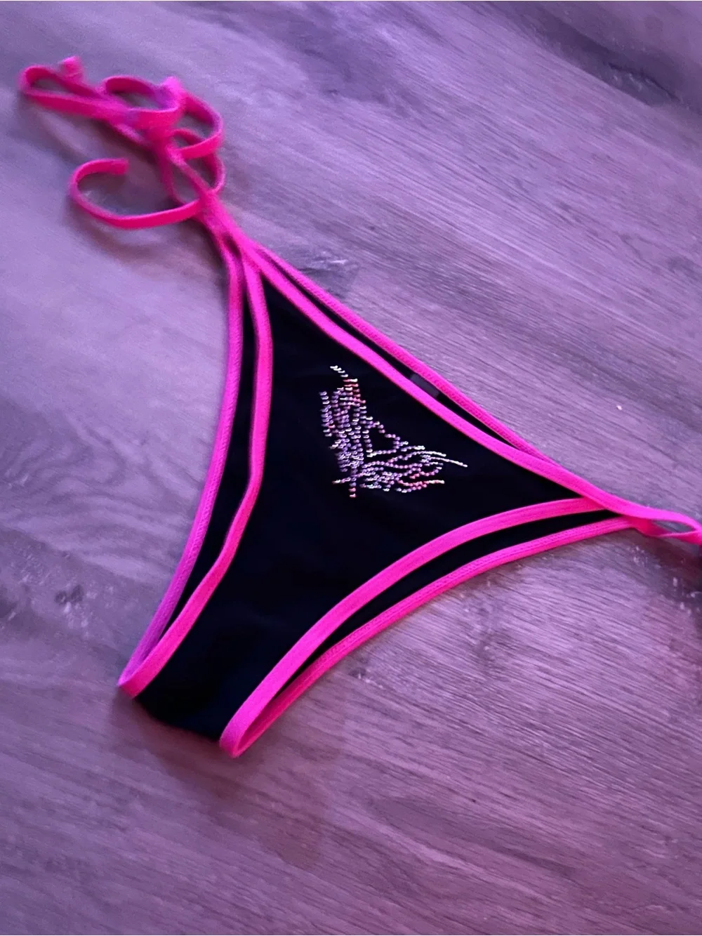 Black & Hot Pink Rhinestone cybersigilism Y2KTriangle Bikini Bottom - Women Swim